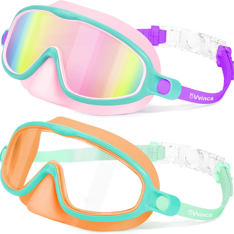 Vvinca 2 Pcs Kids Swim Goggles with Nose Cover, Swimming Diving Mask Wide View Anti Fog UV Anti Shattered Lens for Kids 3-14