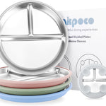 Bakpoco Stainless Steel Toddler Plate with Suction, 9” Divided Plates with Removable Silicone Sleeves for Kids, Non Toxic & BPA Free | Non Slip | Unbreakable Baby Snack Dishes Set of 2, Blue & Gray