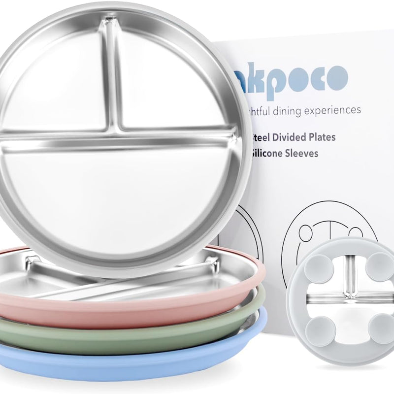 Bakpoco Stainless Steel Toddler Plate with Suction, 9” Divided Plates with Removable Silicone Sleeves for Kids, Non Toxic & BPA Free | Non Slip | Unbreakable Baby Snack Dishes Set of 2, Blue & Gray