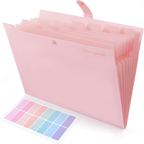 SKYDUE Expanding File Folder, Accordion File Organizer with 8 Pockets, Expandable Document Paper Receipt Holder for School Office Hospital, Letter/A4 Size Pink