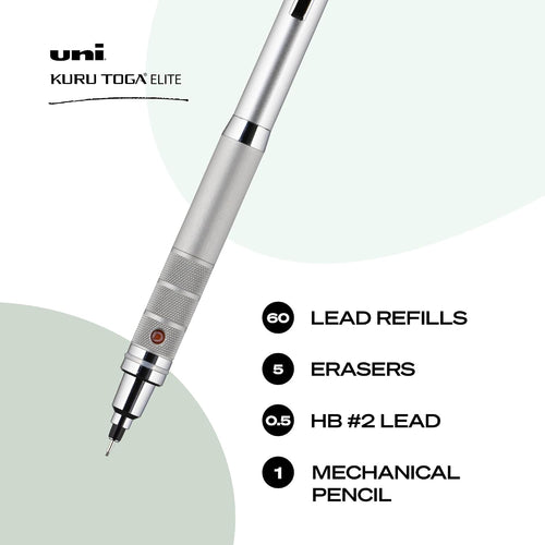 uniball Kuru Toga Elite Mechanical Pencil Starter Kit, 0.5mm, HB #2, Silver Barrel, 1 Pack