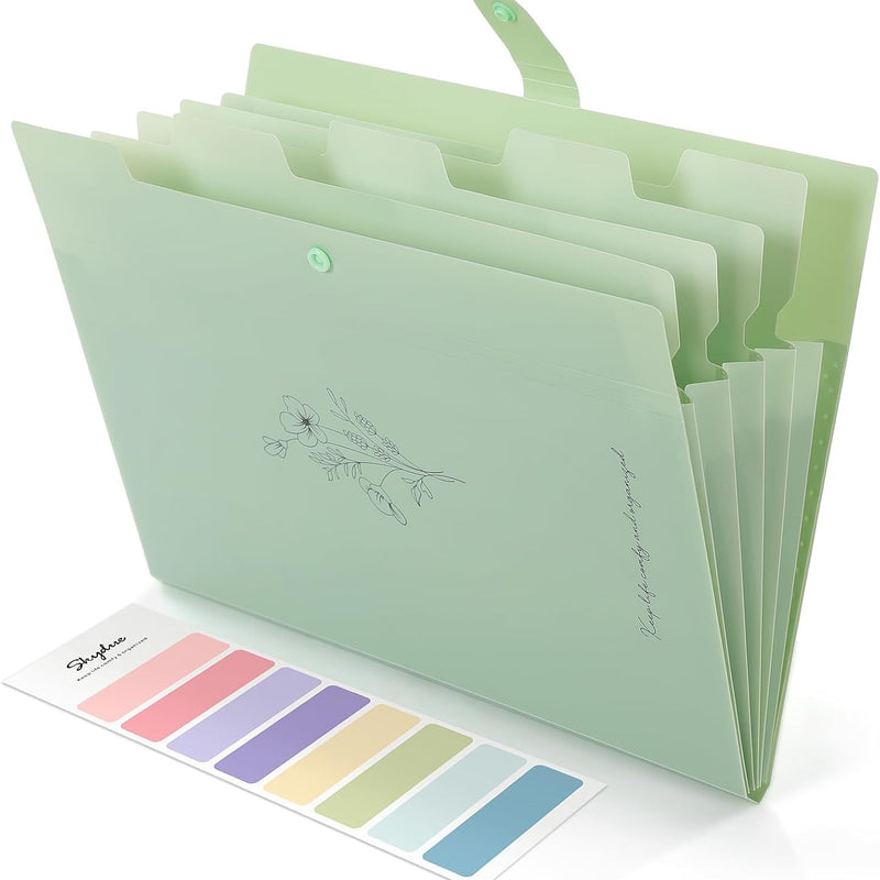 SKYDUE Expanding File Folder with 5 Pockets, Aesthetic Accordion File Organizer, Portable Document Paper Bill Receipt Organizer, School Office Supplies, Letter/A4 Size, (1, Pea Green)