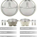PandaEar 8PCS Baby Feeding Set | Stainless Steel Suction Plates and Bowls with Silicone Fork and Spoon Utensils | Baby Led Weaning Tableware for Toddlers & Kids (Tan & Walnut)