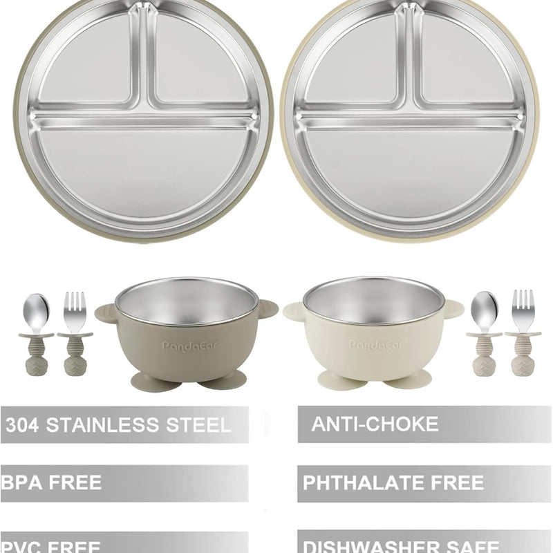 PandaEar 8PCS Baby Feeding Set | Stainless Steel Suction Plates and Bowls with Silicone Fork and Spoon Utensils | Baby Led Weaning Tableware for Toddlers & Kids (Tan & Walnut)