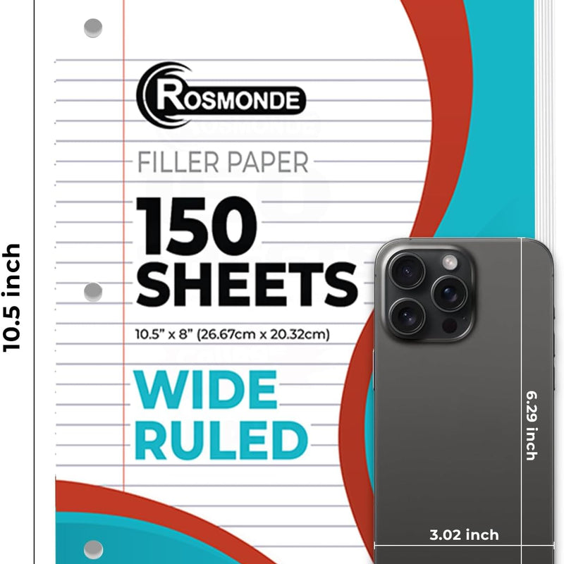 Rosmonde Loose Leaf Paper, 900 Sheets, 6 Pack, Wide Ruled, 8" x 10.5", Bulk Office Filler Sheets, 3 Hole Punched, 150 Sheets/Pack, Wide Ruled for 3 Ring Binder, Filler Notebook Paper, White
