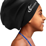 Extra Large Swim Cap for Kids Black Girls Aged 4 to 16 with Long Hair Braids Dreadlocks, Waterproof Silicone Swimming Hat Turban Hair Protection for Boys Toddler Children Youth