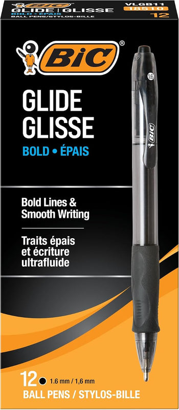 BIC Glide Bold Black Ballpoint Pens, Bold Point (1.6mm), 12-Count Pack, Retractable Ballpoint Pens With Comfortable Full Grip (VLGB11-BLK)