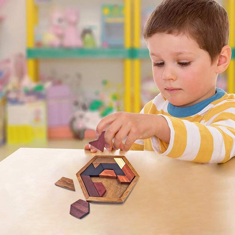 KINGOU 5.5x4.72 inch Wooden Brain Teaser Puzzle for Kids & Adults, High-Quality Timber, 11-Piece Tangram Toy