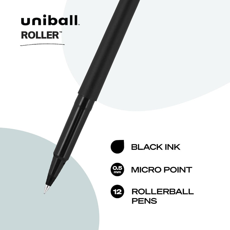uniball Roller Rollerball Pens, Micro Point (0.5mm), Black, 12 Pack
