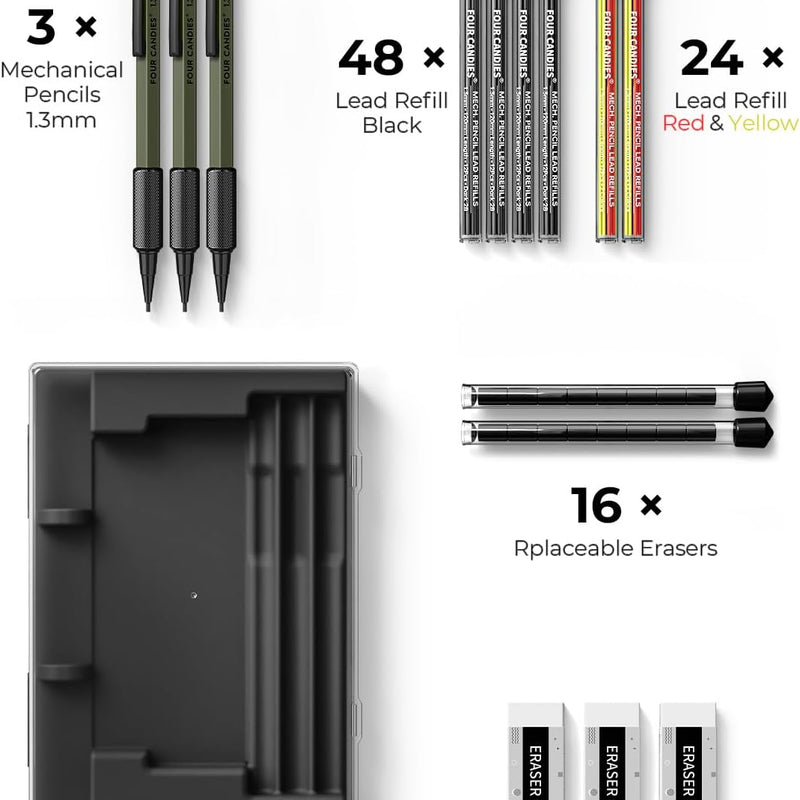 Four Candies 1.3mm Mechanical Pencil Set with 72 Lead Refill, 3PCS Metal Weatherproof Body Heavy Duty Carpenter Pencil, 3 Eraser, 16 Eraser Refill, for Outdoor Woodworking Drafting Marking with Case