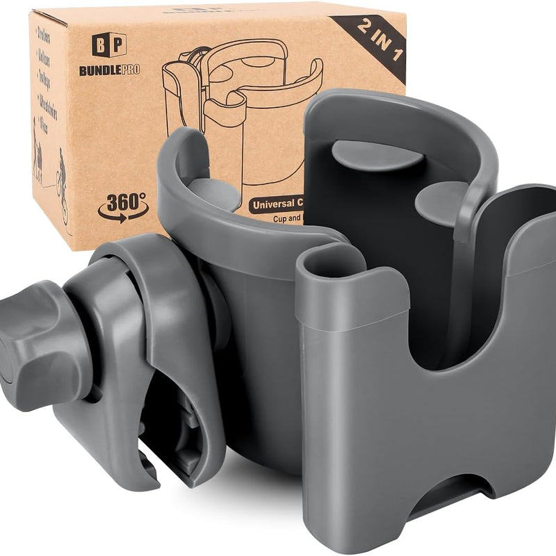 Universal Stroller Cup Holder with Mobile Phone Case, 2-in-1 Strollers Storage Rack, 360 Degrees Rotation Drink Holder for Bike, Pushchair, Wheelchair, Walker,Bicycle, Fits Most Cups