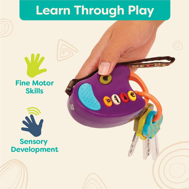 B. toys Toy Car FunKeys with Lights and Sounds, Purple, Pretend Play | 3 textured plus a driver’s key with push-button flashlight and 4 sounds for pretend play, Purple, Interactive, 10+ Months
