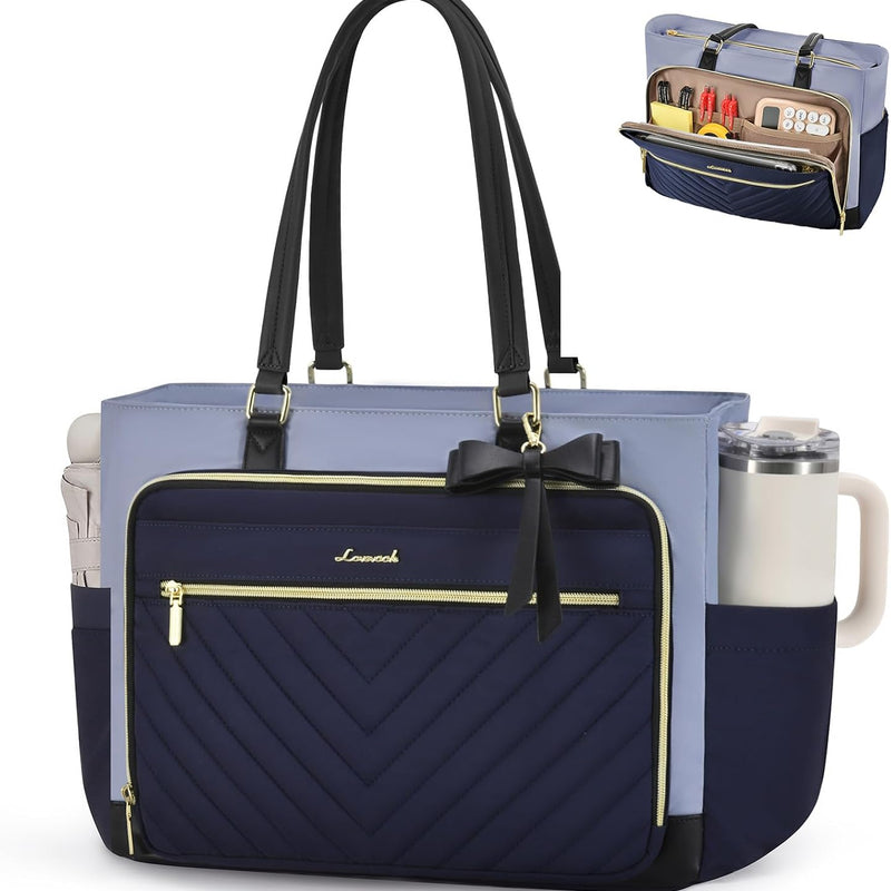 LOVEVOOK Teacher Tote Bag for Women, Work Laptop Bag Gift with Large Cup Holder, Quilted Nurse Bag Diaper Tote with Multi-Pockets, Large Computer Handbag Purse for Bussiness Travel, Office, College