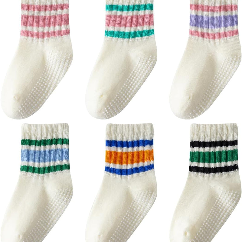Toddler Grip Socks with Non-Slip Unisex Baby Stripe Crew Cotton Socks | Retro Seamless Ankle Socks for Girls Boys 6 Pairs