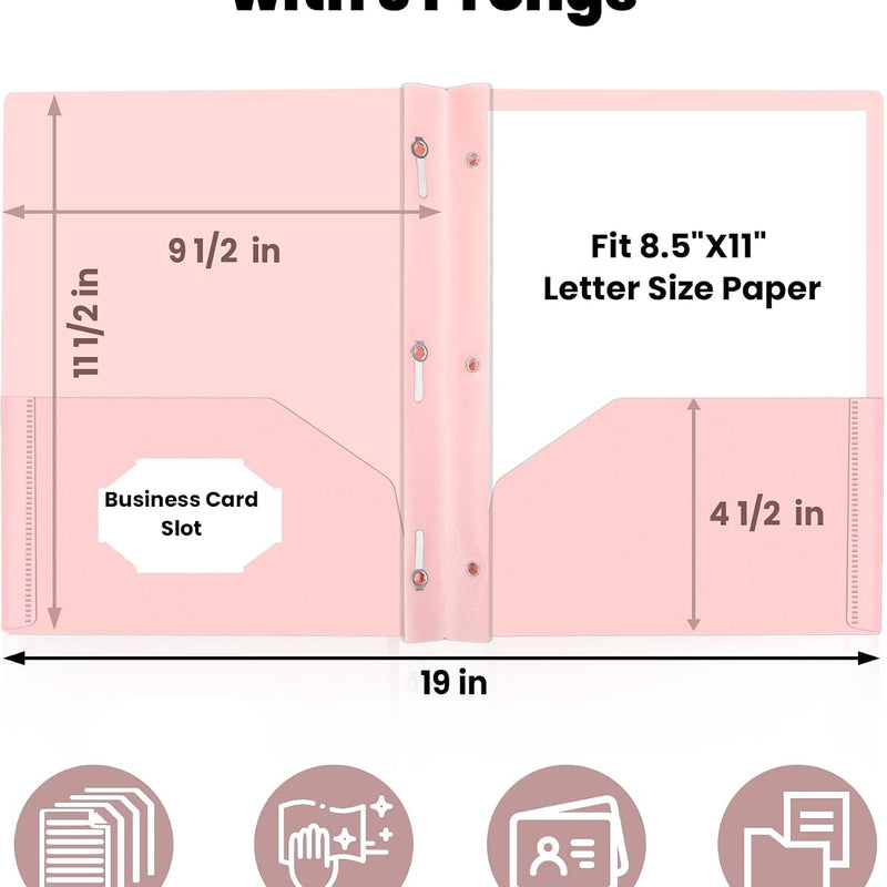 SUNEE 3-Prong Plastic Folders with Pockets (6 Pack, Pastel Colors) 2 Pocket Folders with Fasteners, Tear-Resistant Plastic Pockets, and Fit Letter Size Paper, Use for School Office Home Business