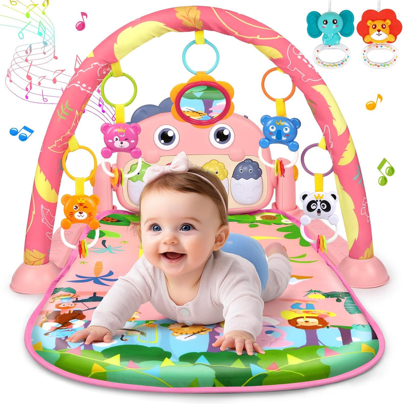 UMIKU Baby Gym Play Mats Baby Tummy Time Mat Musical Activity Center for Newborn Infant Piano Babies Play Mat Music & Light Newborn Infant Gifts for Babies 0-3 6 9 12 Months Dinosaur Style