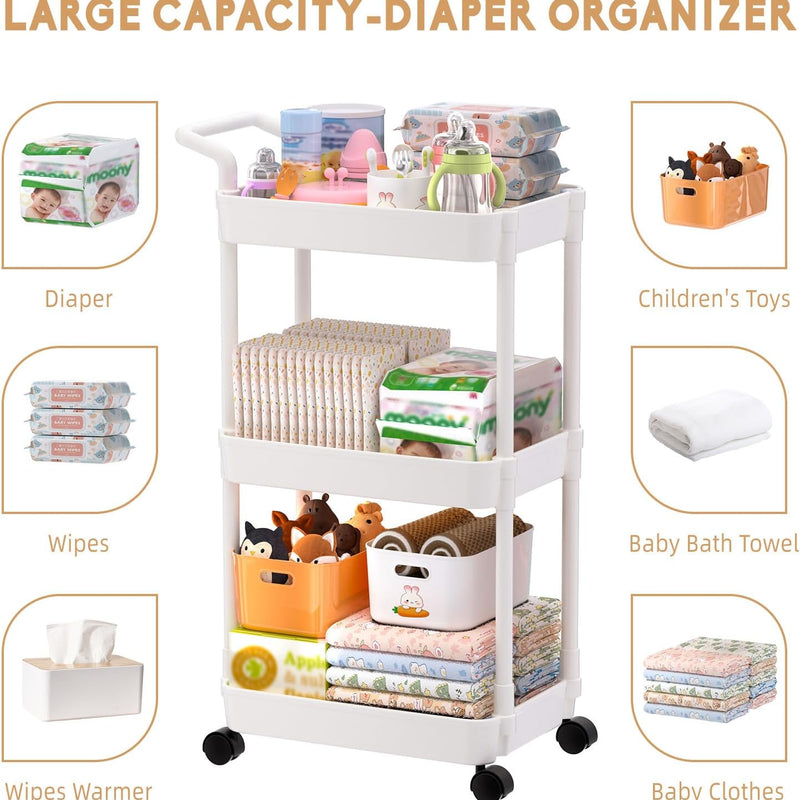 Volnamal Baby Diaper Caddy, Plastic Movable Cart for Newborn Nursery Essentials Diaper Storage Organizer for Changing Table & Crib, Easy to Assemble, Baby Registry, Off-White