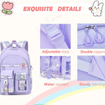 PRLINJSK Girls Backpack，Cute School Backpack for Girls Kids Teens，Kawaii Bookbag for Primary Elementary，Purple