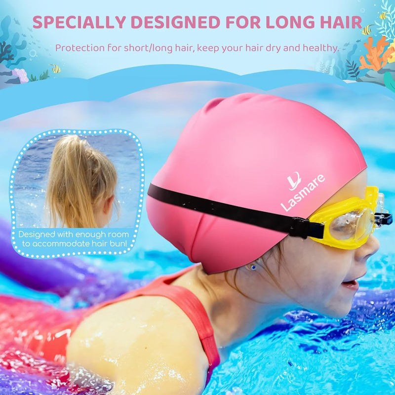 Silicone Swim Cap for Kids with Long Hair, 3 Sizes for Toddlers, Children & Teens Age 1–15, Waterproof Swimming Hat for Girls & Boys