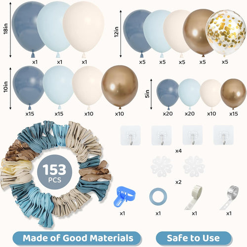 Amandir 153pcs Dusty Blue Balloon Garland Arch Kit Different Sizes Blue White Sand Latex Metallic Confetti Gold Balloons Baptism Birthday Boho Baby Shower