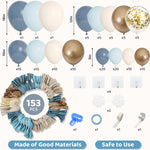 Amandir 153pcs Dusty Blue Balloon Garland Arch Kit Different Sizes Blue White Sand Latex Metallic Confetti Gold Balloons Baptism Birthday Boho Baby Shower