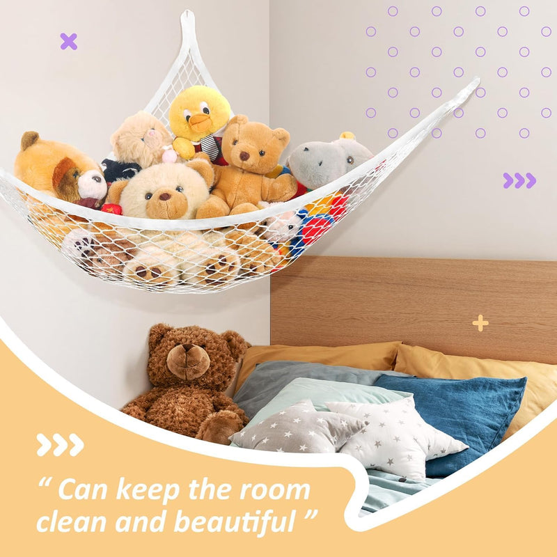 Lazebox Stuffed Animal Net Hammock for Plushie Toys, Stuffed Animal Hammock Corner for Kids' Room Decor, Ideas for Organizing Stuffy Collection, White, L (67" x 40" x 40")-Pack of 1