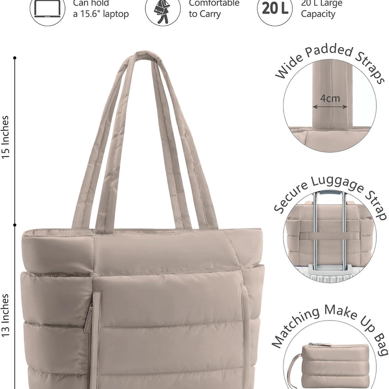 Bagstellar Puffer Tote Bag for Women, Lightweight Puffy Travel Gym Work Bag | 16 Pocket Teacher Nurse Quilted Shoulder Handbag Large Cloud Carry On 15.6" Laptop Computer Purse for School Nursing Clinical