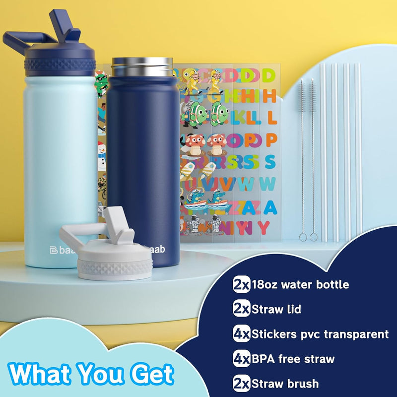 baab 18oz Kids Insulated Water Bottle 18/8 Stainless Steel Straw Cup 2 Pack | BPA-Free, DIY Stickers, Leakproof & Spillproof, Easy to Clean & Carry, Gift for Boy Girl Youth, for School Sport Travel