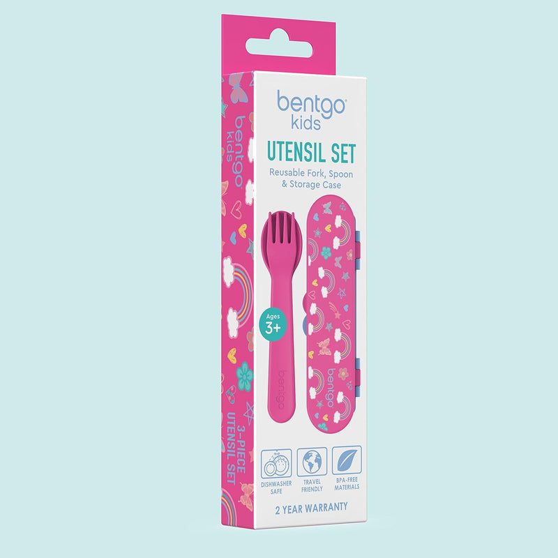 Bentgo® Kids Plastic Utensil Set - Reusable Fork, Spoon & Storage Case, PFAS- & BPA-Free, Easy-Grip Handles, Lightweight, Dishwasher Safe, School Lunch, Travel & On-the-Go (Rainbows and Butterflies)