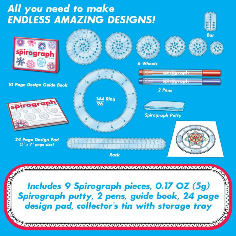 Spirograph Design Set Collectors Tin Arts and Crafts for Kids Drawing Kit | Classic Gear Design Kit, Pens, Design Sheet Included, Arts & Crafts, Art Supplies, Drawing Kit, Spiral Art, 8+