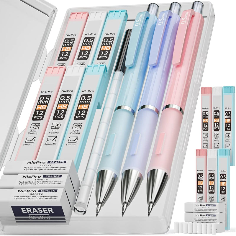 Nicpro 3PCS Cute Mechanical Pencil Set with Case, 0.7 mm Pencils with 6 Tube HB Lead Refill, 3PCS Eraser, 9PCS Eraser Refill for School Supplies Student Writing, Drafting Drawing Sketching