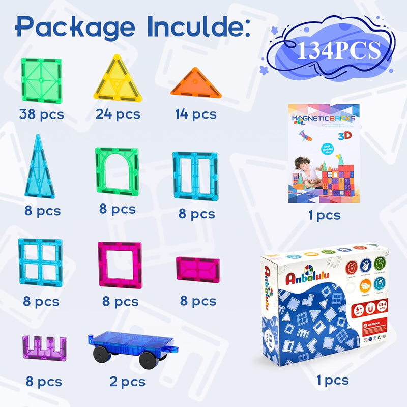 Anbalulu 134PCS Magnetic Building Tiles - Durable STEM Toys for Kids, Educational Building Blocks with Strong Magnets and Group Play Activities