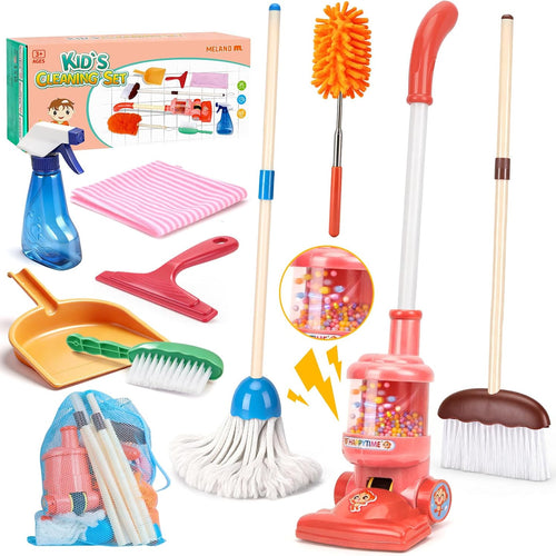 Meland 8-Piece Kids Cleaning Set with Toy Vacuum and Broom | Toddler-size broom and toy vacuum encourage household role play, coordination and pretend play, gift for boys girls ages 3-6