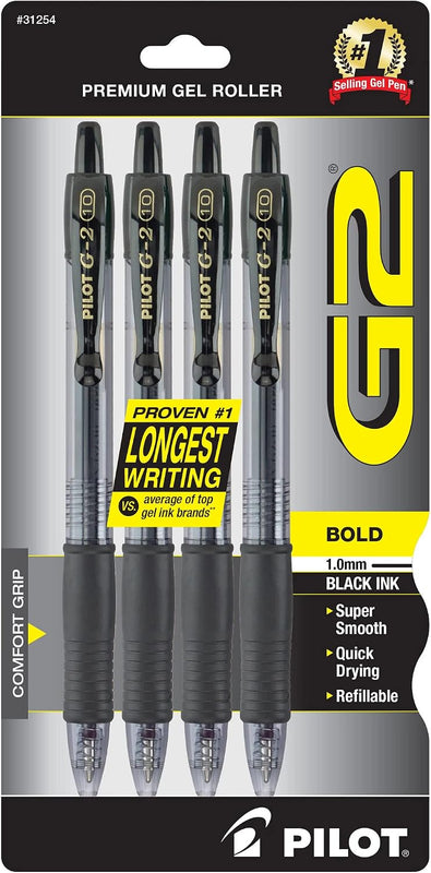Pilot G2 Premium Refillable & Retractable Rolling Ball Gel Pens, Bold Point, Bold Gel Pens, 1.0 mm, Black Ink, 4-Pack