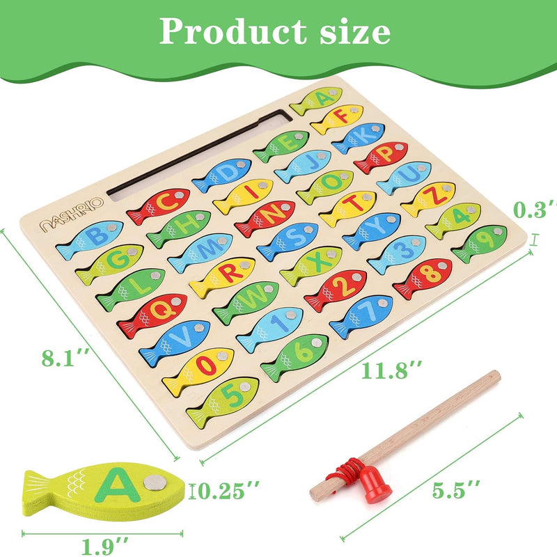 Magnetic Wooden Fishing Game Toy for Toddlers, Alphabet Fish Catching Counting Games Learning Toy 3 4 5 Years Old Kids