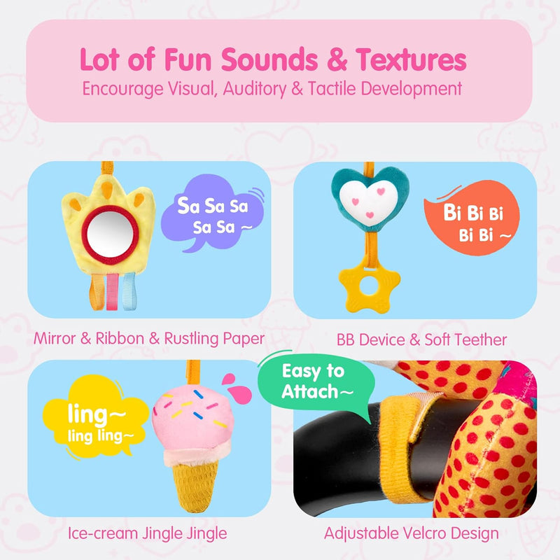 hahaland Car Seat Toys for Babies 0-6 Months Girl Stroller Toy Unicorn | Baby Toys 0-6 6-12 Months - Rattle, Mirror, Crinkle, Squeaky Carseat Toy Hanging Developmental Newborn Baby Birthday Gifts