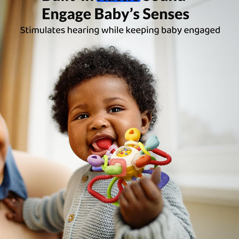 Baby Montessori Silicone Teething Toy with Rattle - Safe, BPA-Free for Teething Relief & Sensory Play, 0-12 Months