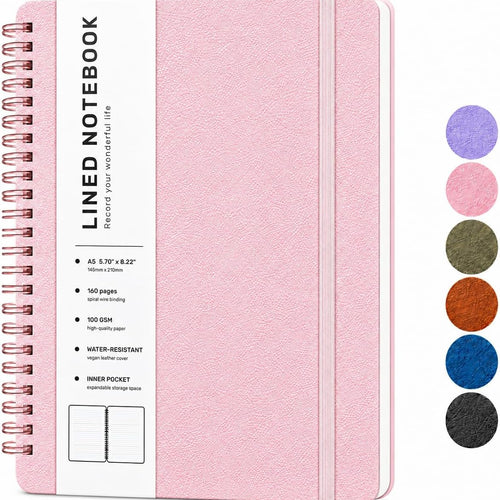 ABERLLS Lined Spiral Journal Notebook with 160 Pages, 8×5.7in, A5 Spiral Notebook, Journaling Notebooks for Work, School, Women, Men, College Ruled Spiral Notebook, Hardcover Leather Journals, Pink