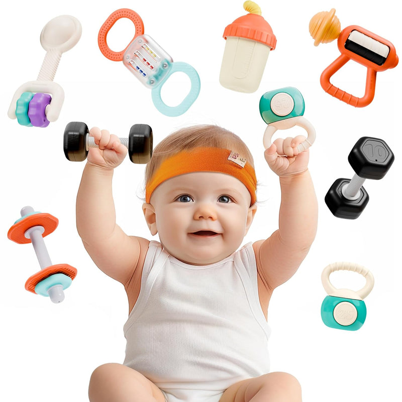 iPlay, iLearn 4PCS Baby Gym Rattle Toys, Newborn Shower Gifts 3-6-9 Months | Infant Sensory Teething Rattles, Babies Weight Set w/Dumbbell, Toddler Carseat Toy, First Birthday Gifts 4 5 7 8 10 12 Month