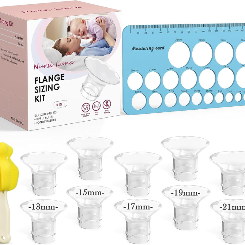 Nursi Luna Flange Sizing Kit for 24mm Breast Pumps, 10PCS | 13/15/17/19/21mm Flange Inserts, Nipple Measurement Tool, Fit Electric & Manual Pumps, Soft Silicone, Comfortable Pumping