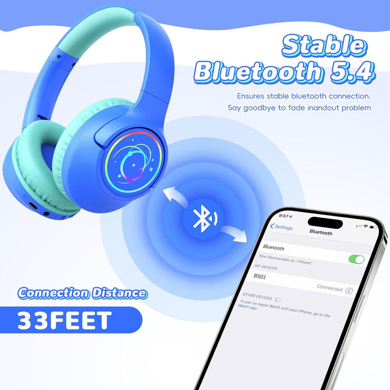 Kids Bluetooth Headphones with 85H Playtime, LED Lights, and 85/94dB Volume Limit, Blue