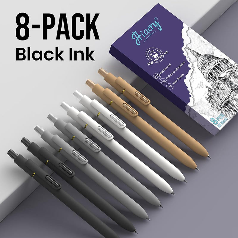 Hiacry 8 Pcs Gel Pens - 0.7mm Fine Point Smooth Writing Black Ink, Quick-Dry Long Lasting Fidget Pens, School & Office Supplies for Men Women（Classic-Black Ink）