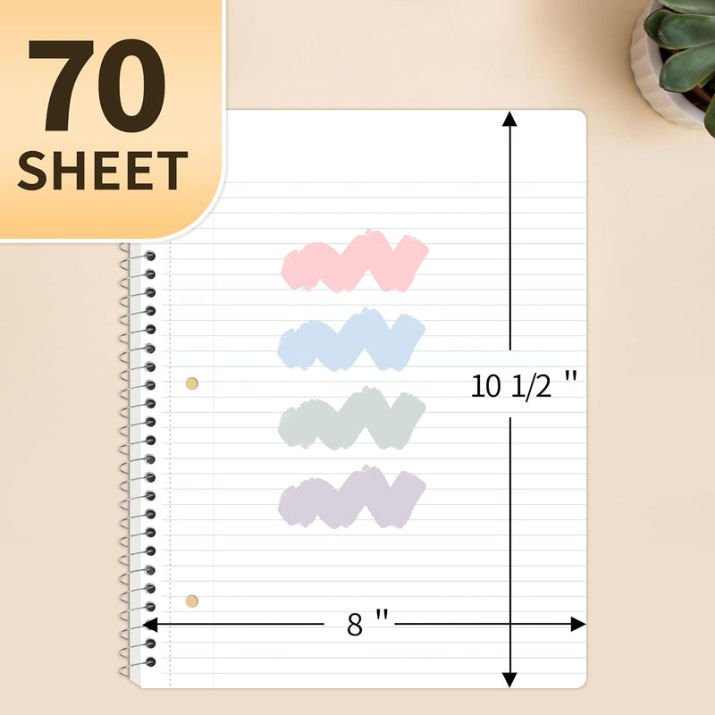 SUNEE Spiral Notebooks College Ruled, 1-Subject, 4 Pack, 8 x 10-1/2 in, 70 Sheets, 3-Hole Punched 70gsm Paper, Pastel Pink, Purple, Blue, Green for School, Home & Office, Writing Journal