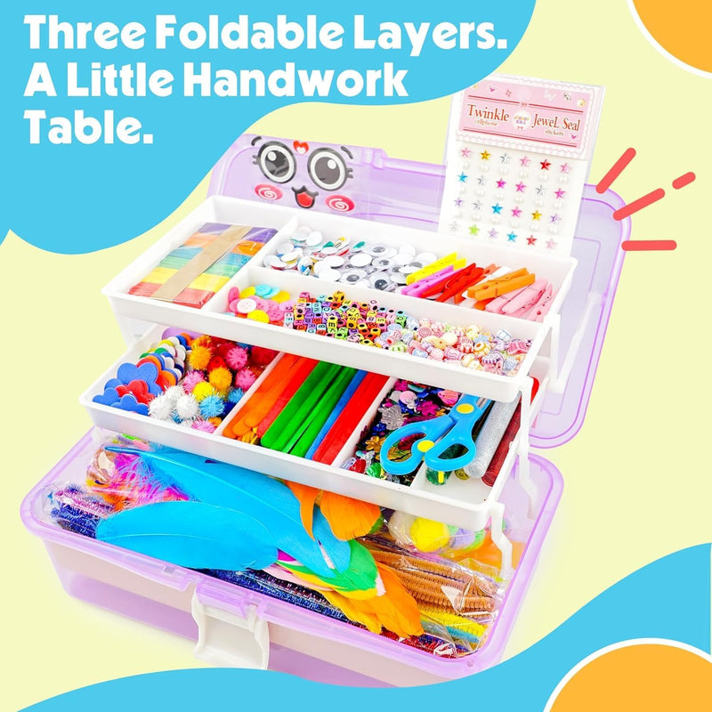 SMILESSKIDDO Kids Arts and Crafts, 1000+ PCS Craft Kits with Storage Box | Portable 3-Layer Folding Storage Box, 1000+ Pcs DIY Craft Supplies, School Craft Projects, Gifts for Girls Ages 4-12