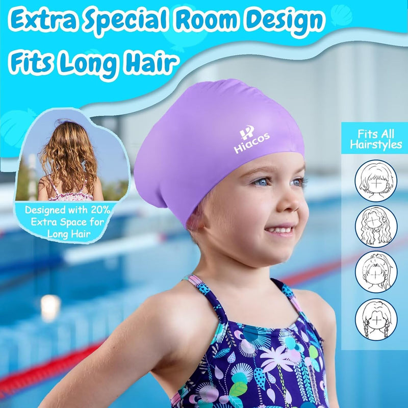 Kids Swim Cap for Girls Boys, 2 Size Silicone Swimming Cap for Long Hair, Waterproof Swim Hats for Toddlers Children Teens to Keep Hair Dry