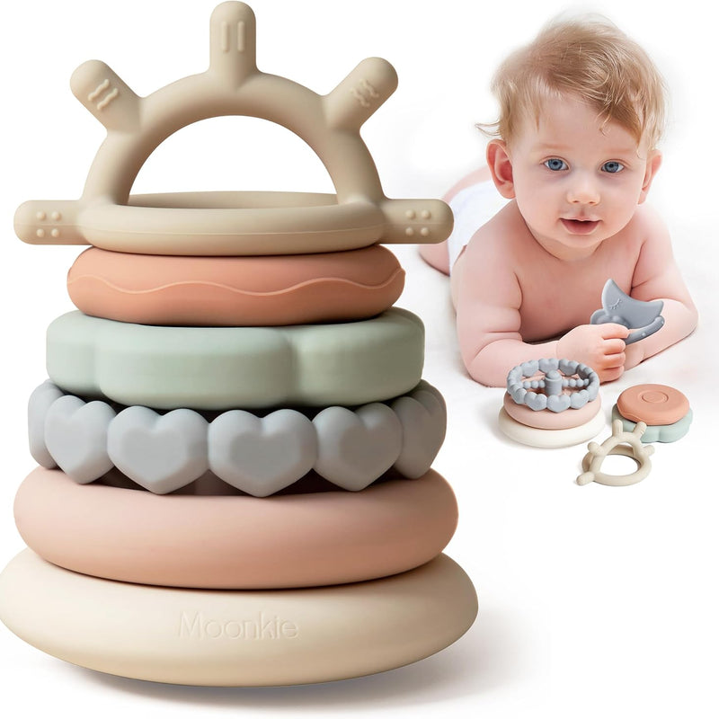 Moonkie 7-Piece Soft Teething Toy Set with Stacking Rings for Babies | Educational Learning Toy