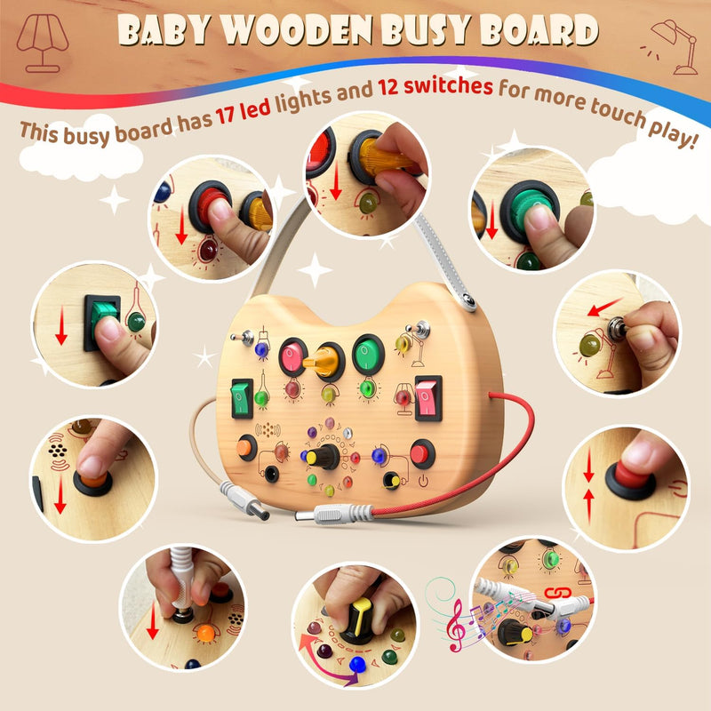 Montessori Busy Board with LED Lights & 12 Buttons, Portable Travel Toy for Toddlers 1-3 Years