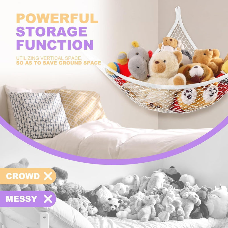 Lazebox Stuffed Animal Net Hammock for Plushie Toys, Stuffed Animal Hammock Corner for Kids' Room Decor, Ideas for Organizing Stuffy Collection, White, L (67" x 40" x 40")-Pack of 1