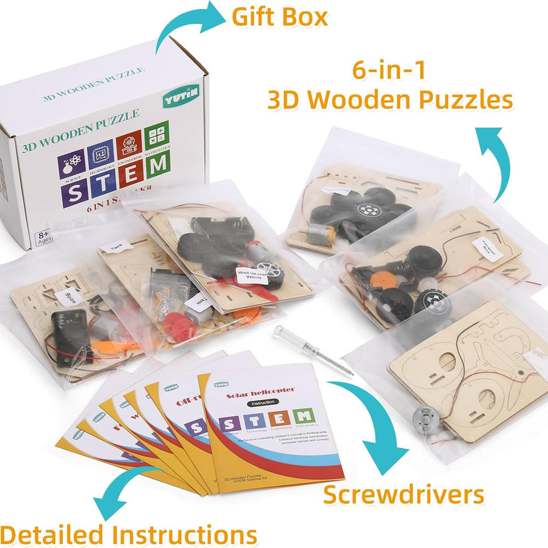 Yutin STEM Kits for Kids Age 8-10 10-12, 6 Set Wood Building Projects Crafts Science Model Car Kits for Kids Age 8-12, Wooden 3D Puzzles, STEM Toys for Boys 8 9 10 12 13 Year Old Birthday Gifts