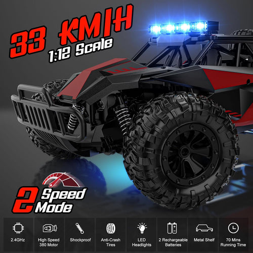 bluejay 1:12 2.4ghz high speed rc monster truck with led headlights and rechargeable battery